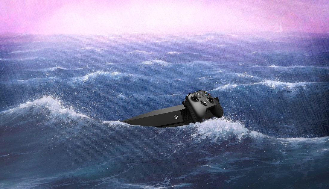 An Xbox One X floats across a stormy sea.